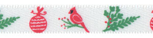 3/8" Cardinals and Ornaments on White Satin Ribbon