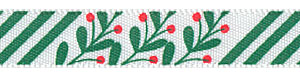 3/8" Christmas Diagonal Stripes and Holly on White Satin Ribbon