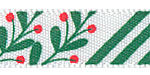 3/8" Christmas Diagonal Stripes and Holly on White Satin Ribbon