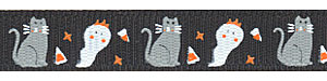 Halloween Cat and Ghost Print on Black Grosgrain Ribbon