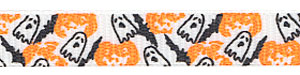 Halloween Ghost and Pumpkin Print on White Grosgrain Ribbon