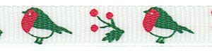 Holiday Birds and Berries on White Grosgrain Ribbon