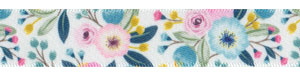 5/8" Pink and Blue Vintage Floral Print on White Satin Ribbon