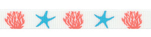 Coral and Starfish Print on White Grosgrain Ribbon