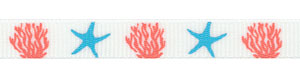 Coral and Starfish Print on White Grosgrain Ribbon SPOOL SALE!