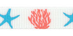 Coral and Starfish Print on White Grosgrain Ribbon