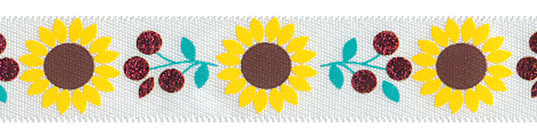 5/8" Sunflower and Berry Print on White Satin Ribbon