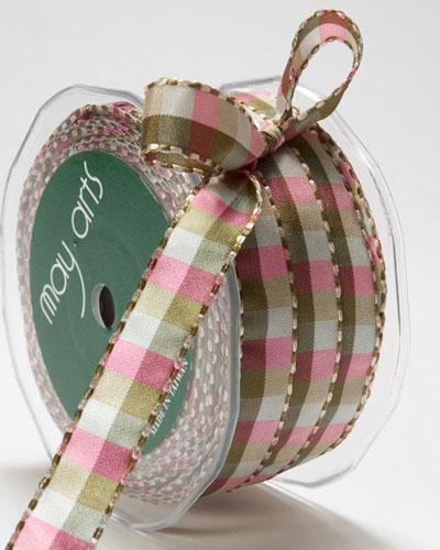 1/2 Inch Checkered Ribbon with Stitched Edge Green/Ivory/Pink 