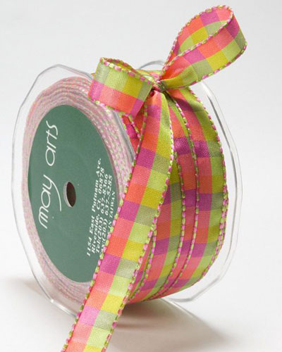 1/2 Inch Checkered Ribbon with Stitched Edge Parrot/Fuchsia/Yellow