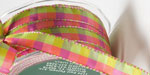 1/2 Inch Checkered Ribbon with Stitched Edge Parrot/Fuchsia/Yellow