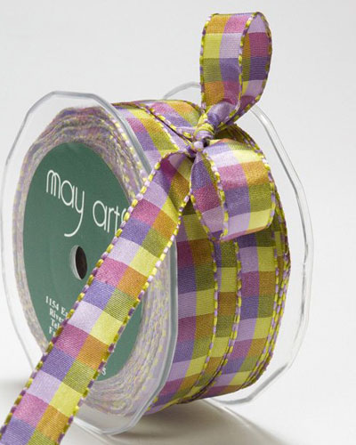 1/2 Inch Checkered Ribbon with Stitched Edge Purple/Lavender/Parrot 